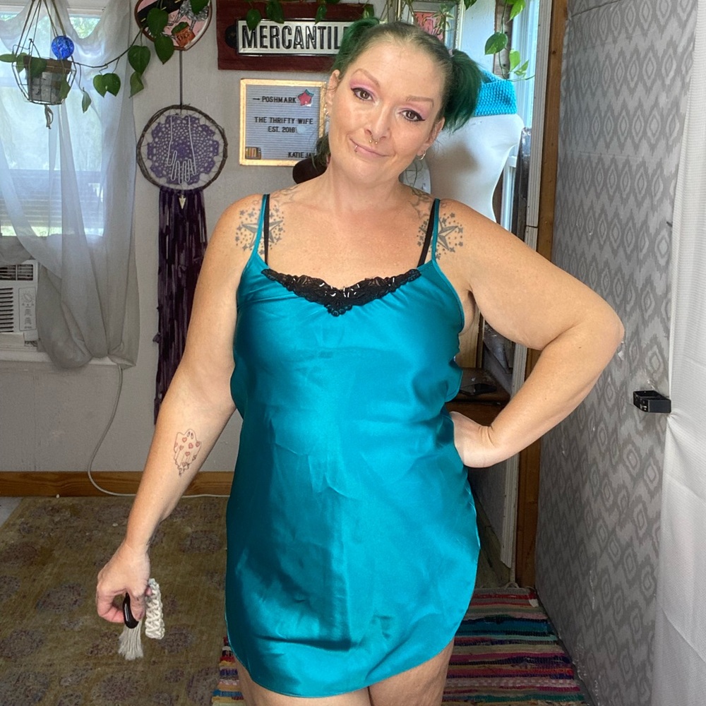Vintage Apostrophe Teal Black Trim Lingerie Nightgown Dress Size Small